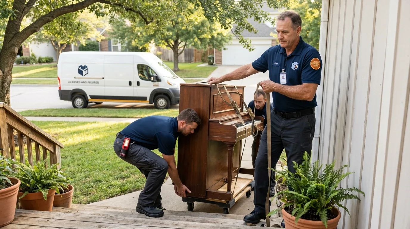 Licensed piano movers securing grand piano in New Boston, TX