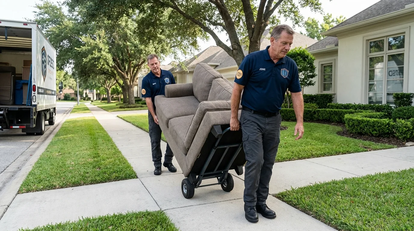 Local residential moving crew loading furniture in New Boston, TX