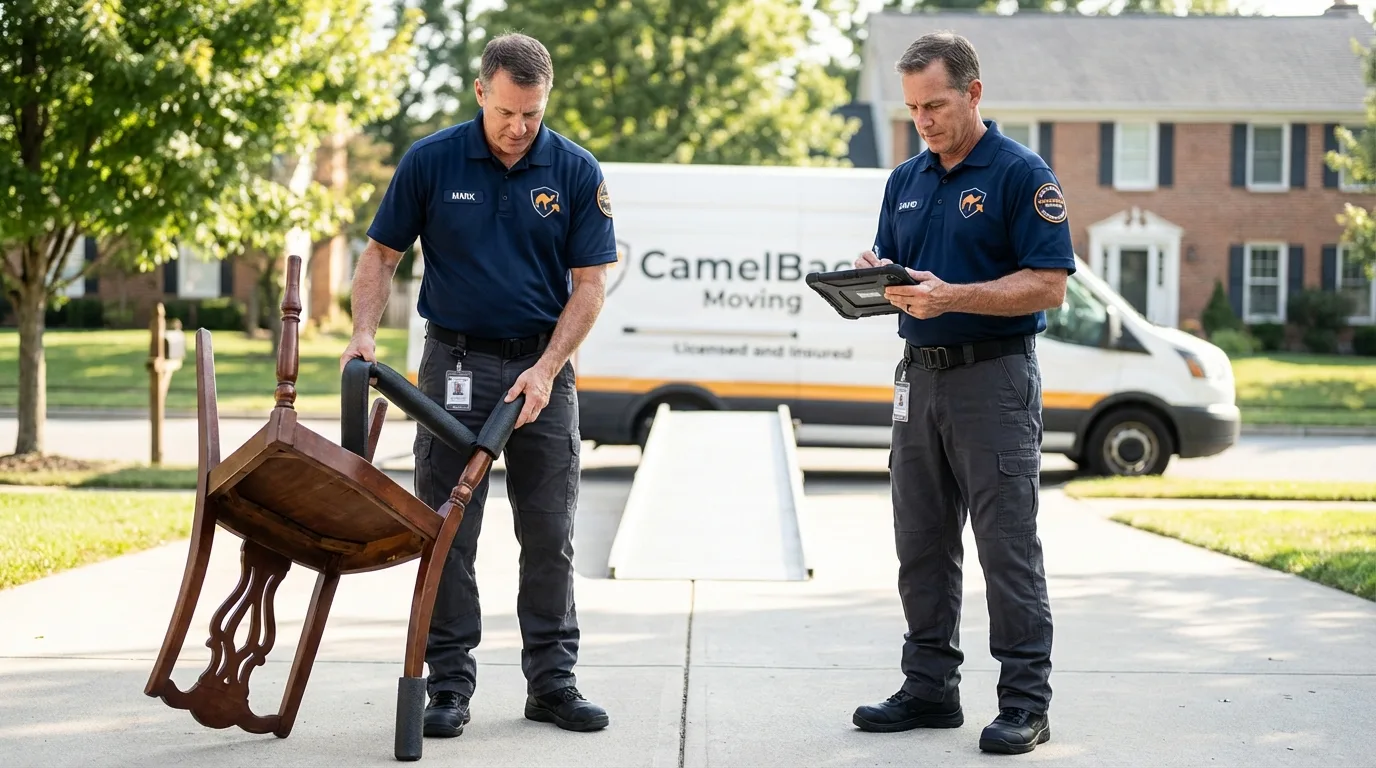 Movers inspecting furniture for damage prevention before loading in New Boston, TX