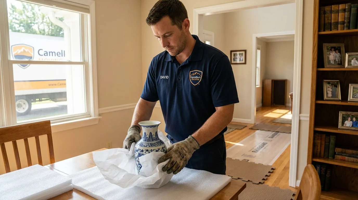 Professional crew carefully wrapping antique vase for senior downsizing move in New Boston, TX