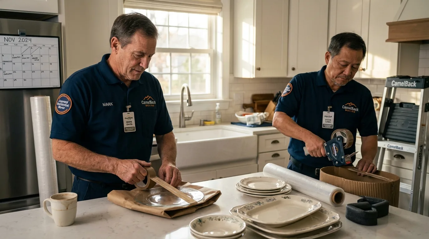 Professional crew packing kitchen dishware in New Boston, TX
